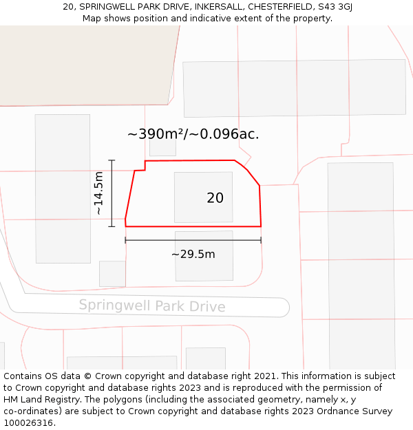 20, SPRINGWELL PARK DRIVE, INKERSALL, CHESTERFIELD, S43 3GJ: Plot and title map