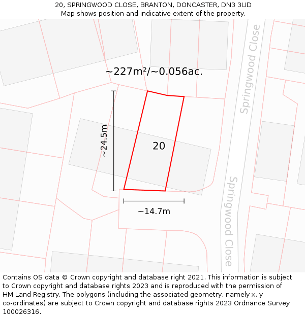 20, SPRINGWOOD CLOSE, BRANTON, DONCASTER, DN3 3UD: Plot and title map