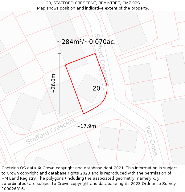 20, STAFFORD CRESCENT, BRAINTREE, CM7 9PS: Plot and title map