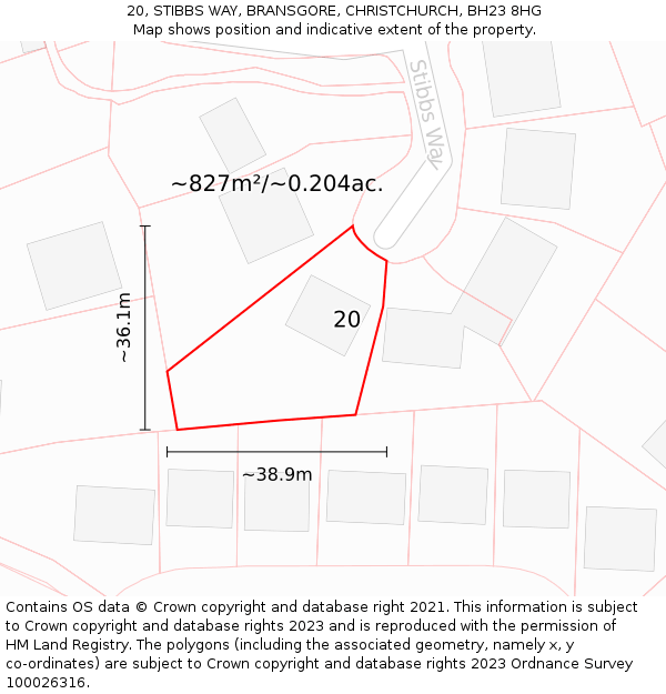 20, STIBBS WAY, BRANSGORE, CHRISTCHURCH, BH23 8HG: Plot and title map