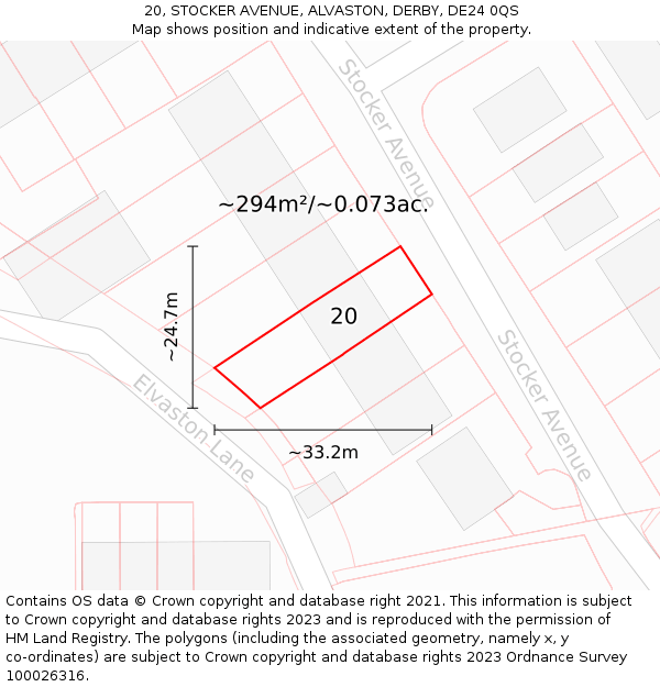 20, STOCKER AVENUE, ALVASTON, DERBY, DE24 0QS: Plot and title map