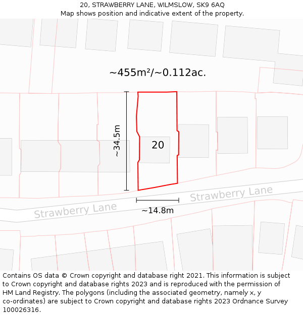 20, STRAWBERRY LANE, WILMSLOW, SK9 6AQ: Plot and title map