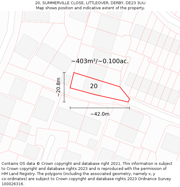 20, SUMMERVILLE CLOSE, LITTLEOVER, DERBY, DE23 3UU: Plot and title map
