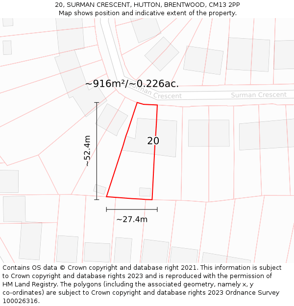 20, SURMAN CRESCENT, HUTTON, BRENTWOOD, CM13 2PP: Plot and title map