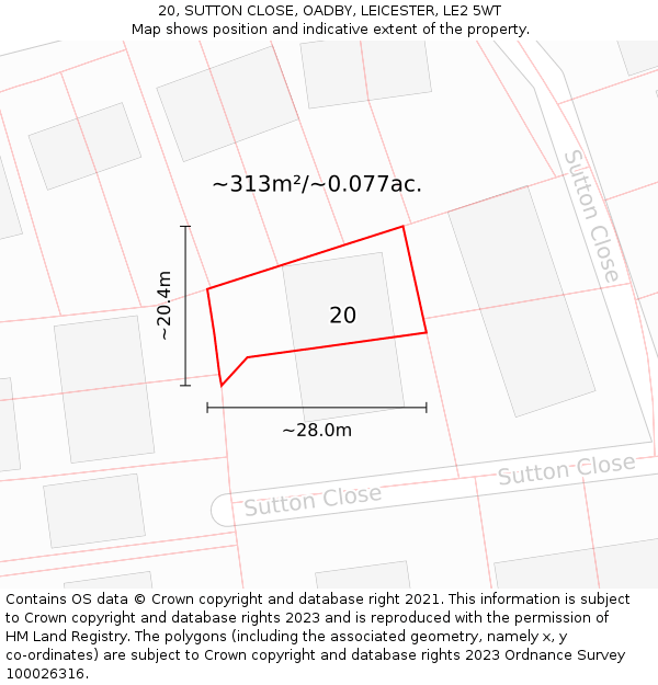 20, SUTTON CLOSE, OADBY, LEICESTER, LE2 5WT: Plot and title map