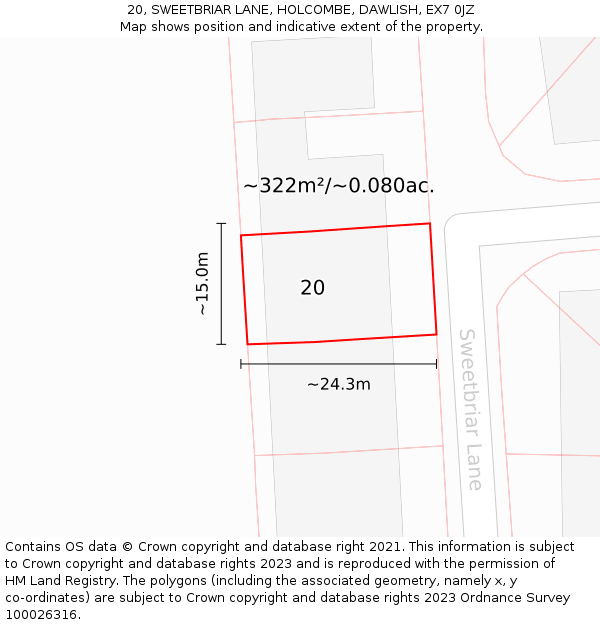 20, SWEETBRIAR LANE, HOLCOMBE, DAWLISH, EX7 0JZ: Plot and title map