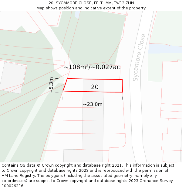 20, SYCAMORE CLOSE, FELTHAM, TW13 7HN: Plot and title map