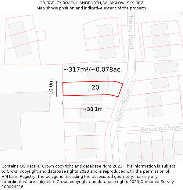 20, TABLEY ROAD, HANDFORTH, WILMSLOW, SK9 3RZ: Plot and title map