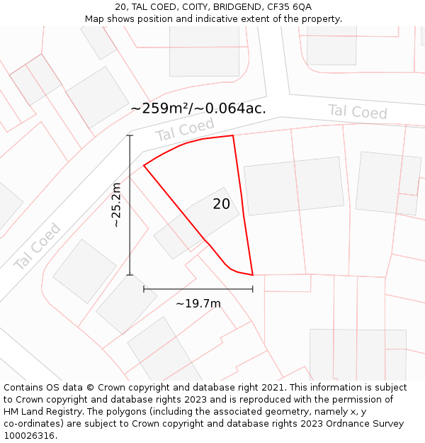 20, TAL COED, COITY, BRIDGEND, CF35 6QA: Plot and title map
