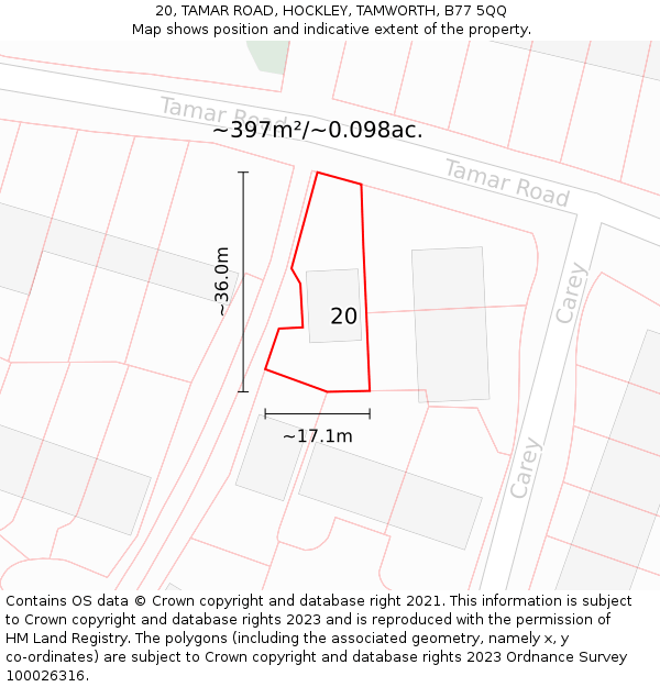 20, TAMAR ROAD, HOCKLEY, TAMWORTH, B77 5QQ: Plot and title map