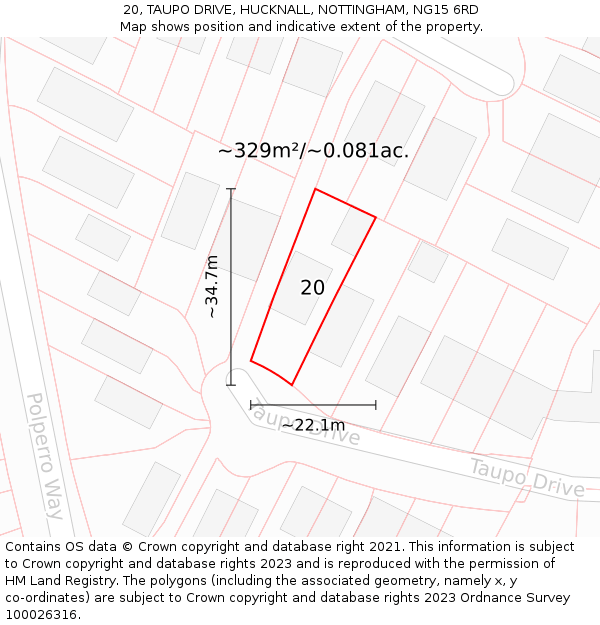 20, TAUPO DRIVE, HUCKNALL, NOTTINGHAM, NG15 6RD: Plot and title map