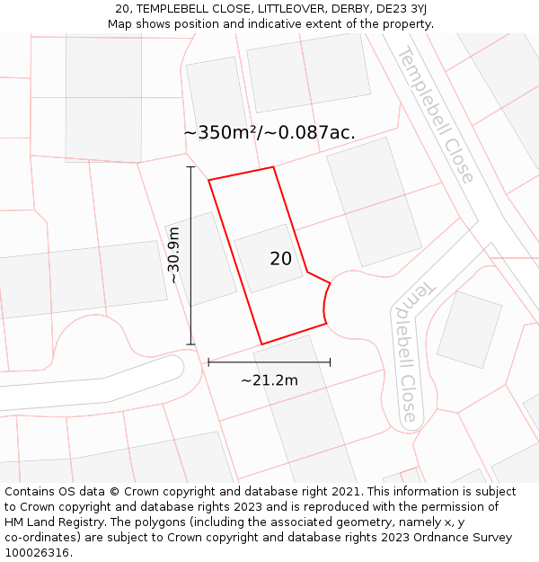 20, TEMPLEBELL CLOSE, LITTLEOVER, DERBY, DE23 3YJ: Plot and title map