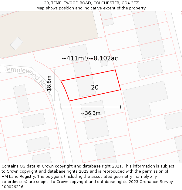 20, TEMPLEWOOD ROAD, COLCHESTER, CO4 3EZ: Plot and title map