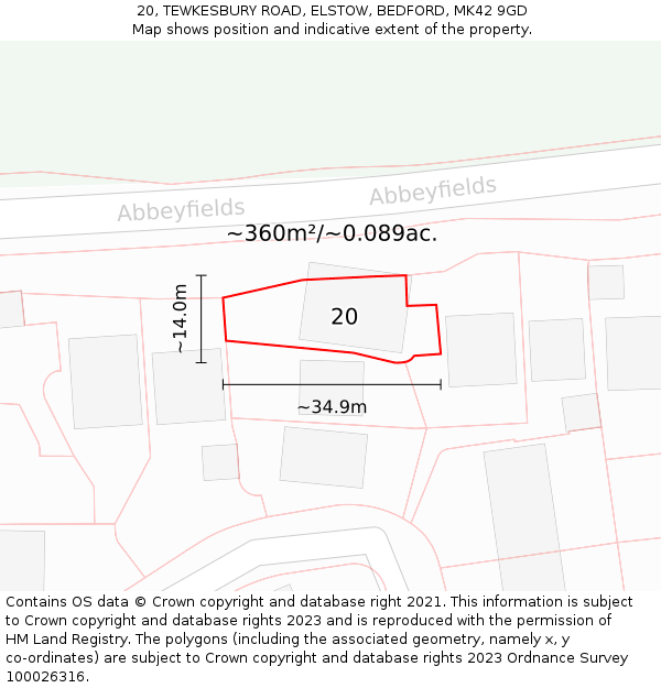 20, TEWKESBURY ROAD, ELSTOW, BEDFORD, MK42 9GD: Plot and title map