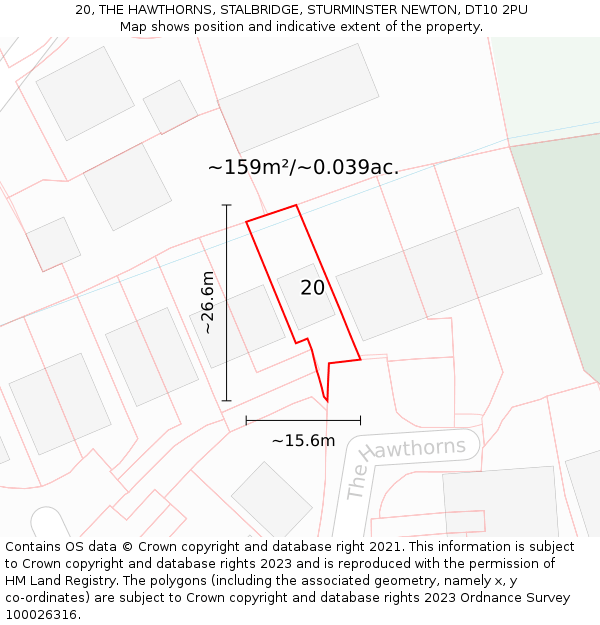 20, THE HAWTHORNS, STALBRIDGE, STURMINSTER NEWTON, DT10 2PU: Plot and title map