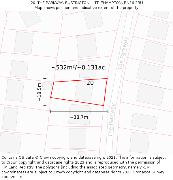 20, THE PARKWAY, RUSTINGTON, LITTLEHAMPTON, BN16 2BU: Plot and title map