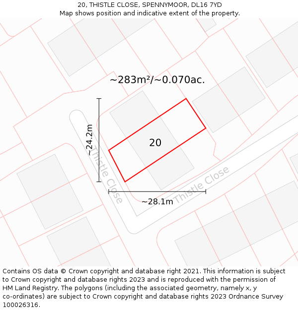 20, THISTLE CLOSE, SPENNYMOOR, DL16 7YD: Plot and title map