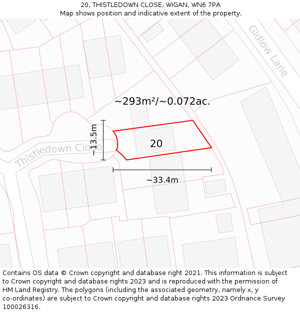 20, THISTLEDOWN CLOSE, WIGAN, WN6 7PA: Plot and title map
