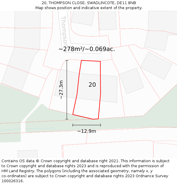 20, THOMPSON CLOSE, SWADLINCOTE, DE11 8NB: Plot and title map