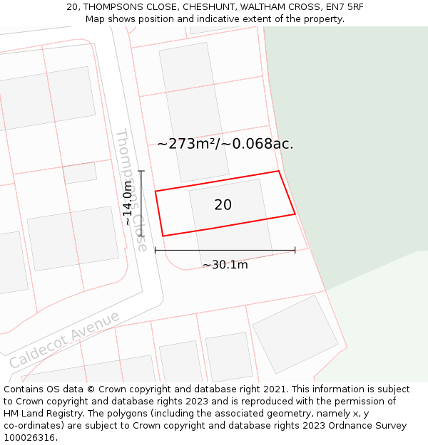 20, THOMPSONS CLOSE, CHESHUNT, WALTHAM CROSS, EN7 5RF: Plot and title map