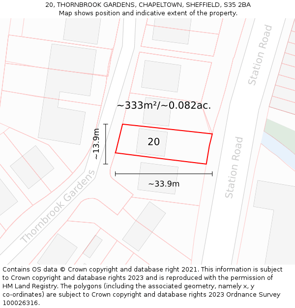 20, THORNBROOK GARDENS, CHAPELTOWN, SHEFFIELD, S35 2BA: Plot and title map