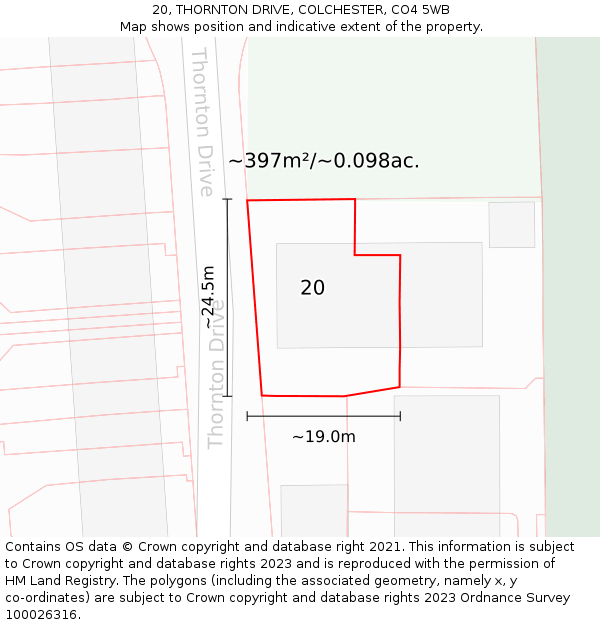 20, THORNTON DRIVE, COLCHESTER, CO4 5WB: Plot and title map