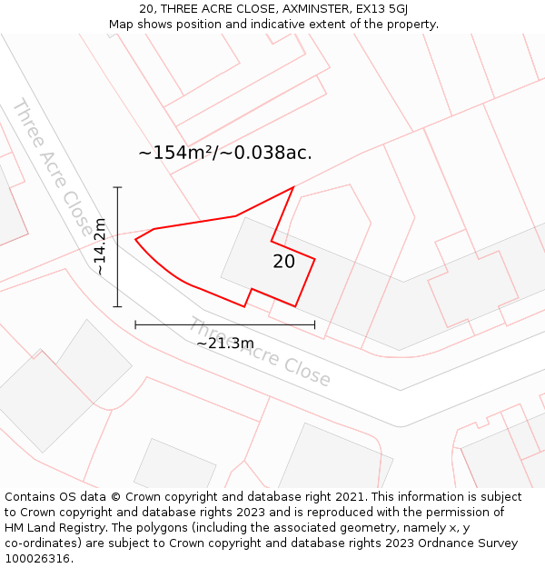 20, THREE ACRE CLOSE, AXMINSTER, EX13 5GJ: Plot and title map