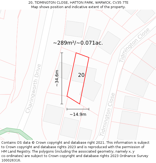 20, TIDMINGTON CLOSE, HATTON PARK, WARWICK, CV35 7TE: Plot and title map