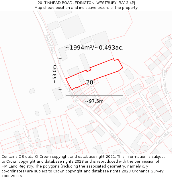 20, TINHEAD ROAD, EDINGTON, WESTBURY, BA13 4PJ: Plot and title map