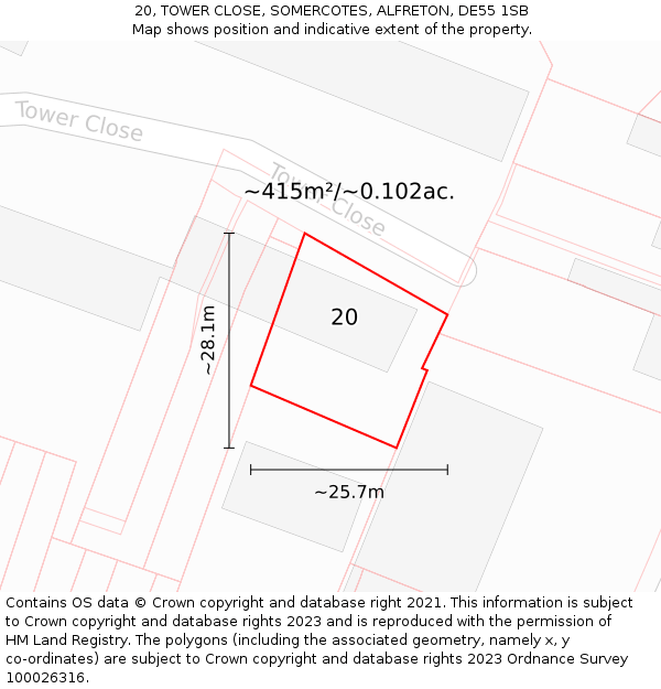 20, TOWER CLOSE, SOMERCOTES, ALFRETON, DE55 1SB: Plot and title map