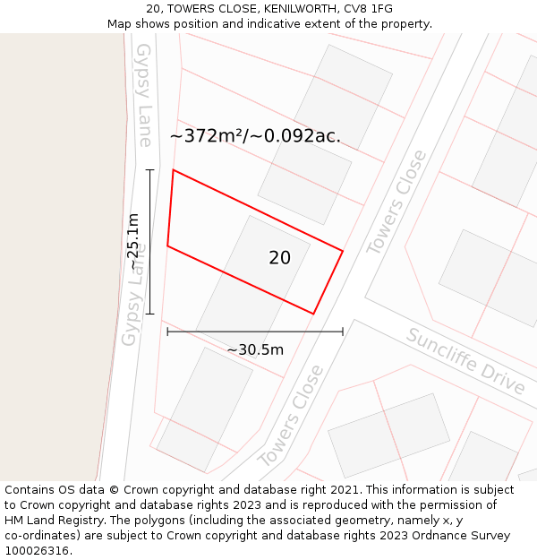 20, TOWERS CLOSE, KENILWORTH, CV8 1FG: Plot and title map