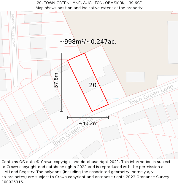 20, TOWN GREEN LANE, AUGHTON, ORMSKIRK, L39 6SF: Plot and title map