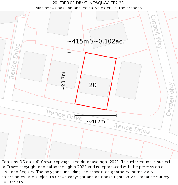 20, TRERICE DRIVE, NEWQUAY, TR7 2RL: Plot and title map