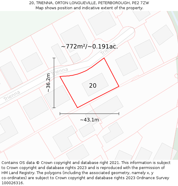 20, TRIENNA, ORTON LONGUEVILLE, PETERBOROUGH, PE2 7ZW: Plot and title map