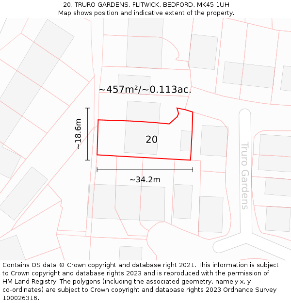 20, TRURO GARDENS, FLITWICK, BEDFORD, MK45 1UH: Plot and title map