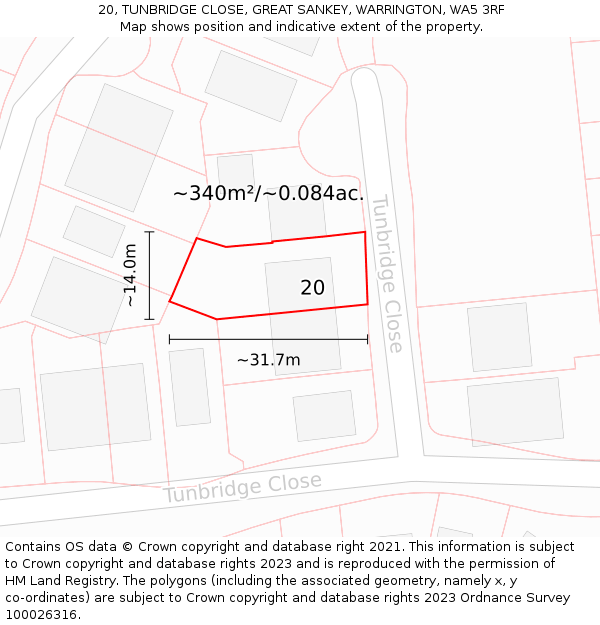 20, TUNBRIDGE CLOSE, GREAT SANKEY, WARRINGTON, WA5 3RF: Plot and title map
