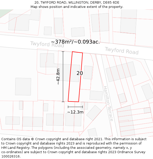 20, TWYFORD ROAD, WILLINGTON, DERBY, DE65 6DE: Plot and title map