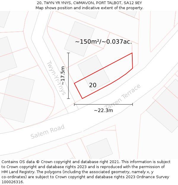 20, TWYN YR YNYS, CWMAVON, PORT TALBOT, SA12 9EY: Plot and title map
