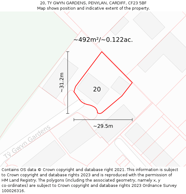 20, TY GWYN GARDENS, PENYLAN, CARDIFF, CF23 5BF: Plot and title map
