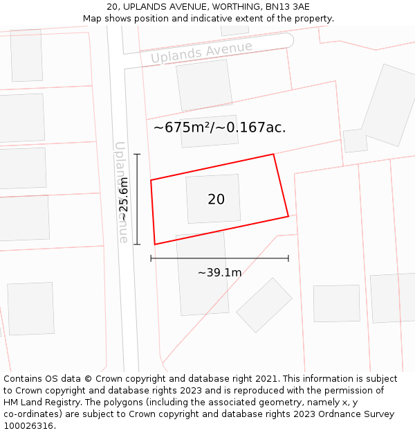 20, UPLANDS AVENUE, WORTHING, BN13 3AE: Plot and title map