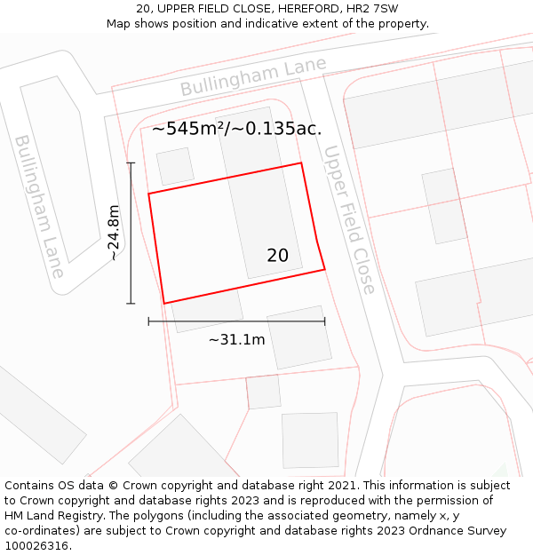 20, UPPER FIELD CLOSE, HEREFORD, HR2 7SW: Plot and title map