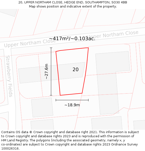 20, UPPER NORTHAM CLOSE, HEDGE END, SOUTHAMPTON, SO30 4BB: Plot and title map