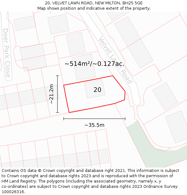 20, VELVET LAWN ROAD, NEW MILTON, BH25 5GE: Plot and title map