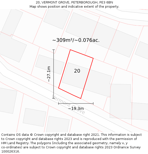 20, VERMONT GROVE, PETERBOROUGH, PE3 6BN: Plot and title map