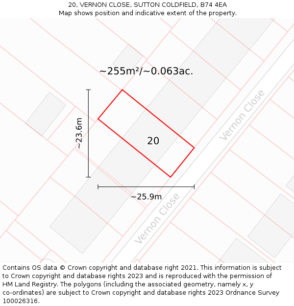 20, VERNON CLOSE, SUTTON COLDFIELD, B74 4EA: Plot and title map
