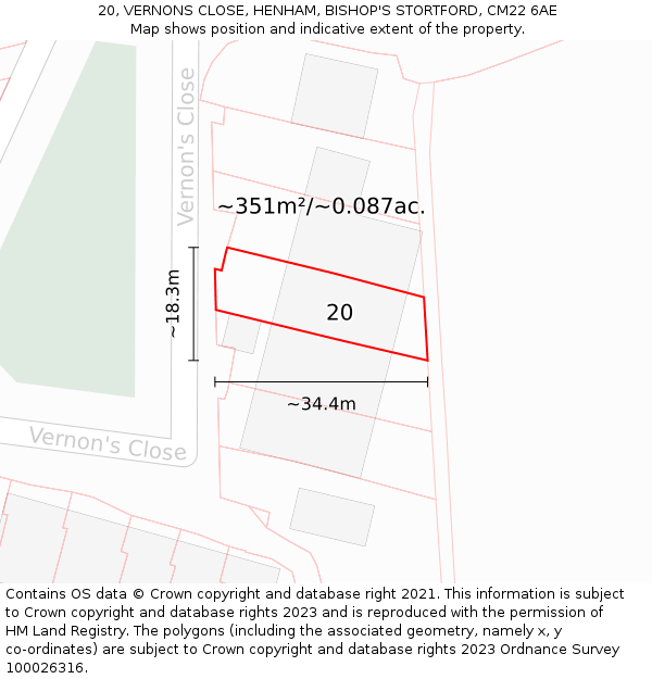20, VERNONS CLOSE, HENHAM, BISHOP'S STORTFORD, CM22 6AE: Plot and title map