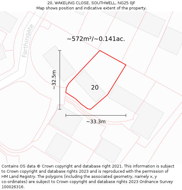 20, WAKELING CLOSE, SOUTHWELL, NG25 0JF: Plot and title map