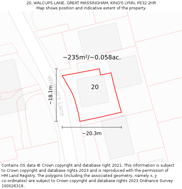 20, WALCUPS LANE, GREAT MASSINGHAM, KING'S LYNN, PE32 2HR: Plot and title map