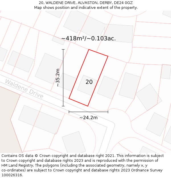 20, WALDENE DRIVE, ALVASTON, DERBY, DE24 0GZ: Plot and title map