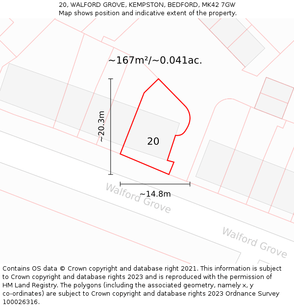 20, WALFORD GROVE, KEMPSTON, BEDFORD, MK42 7GW: Plot and title map
